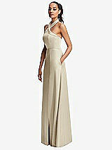 Side View Thumbnail - Champagne Shawl Collar Open-Back Halter Maxi Dress with Pockets