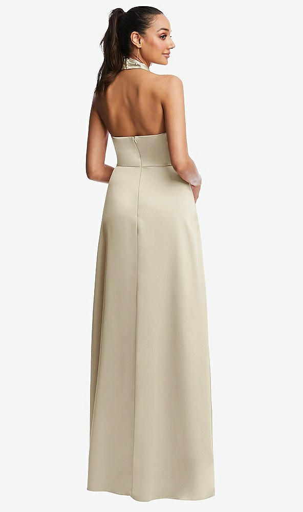 Back View - Champagne Shawl Collar Open-Back Halter Maxi Dress with Pockets