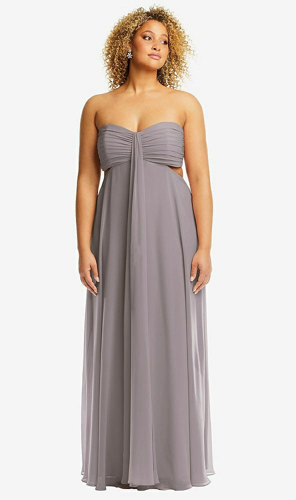 Front View - Cashmere Gray Strapless Empire Waist Cutout Maxi Dress with Covered Button Detail
