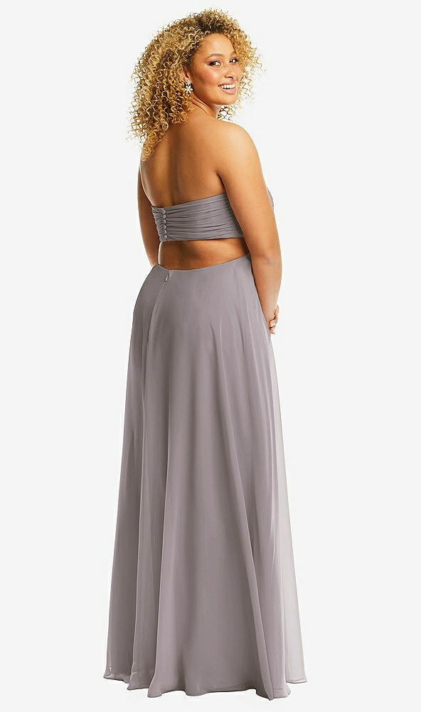 Back View - Cashmere Gray Strapless Empire Waist Cutout Maxi Dress with Covered Button Detail