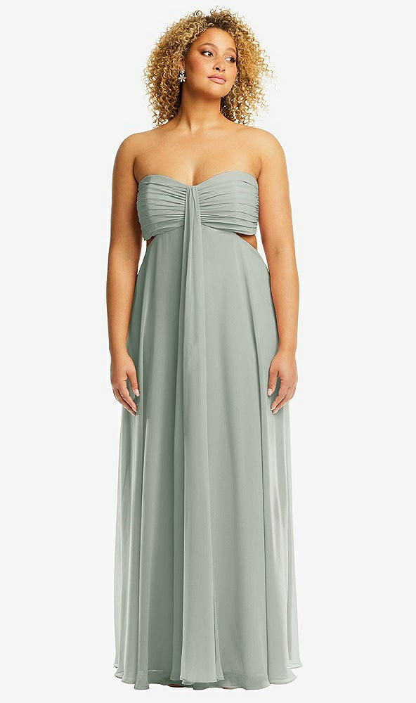 Front View - Willow Green Strapless Empire Waist Cutout Maxi Dress with Covered Button Detail