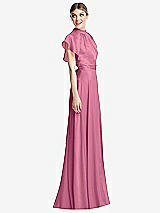 Side View Thumbnail - Orchid Pink Shirred Stand Collar Flutter Sleeve Open-Back Maxi Dress with Sash