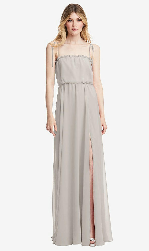 Front View - Oyster Skinny Tie-Shoulder Ruffle-Trimmed Blouson Maxi Dress