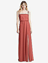 Front View Thumbnail - Coral Pink Skinny Tie-Shoulder Ruffle-Trimmed Blouson Maxi Dress