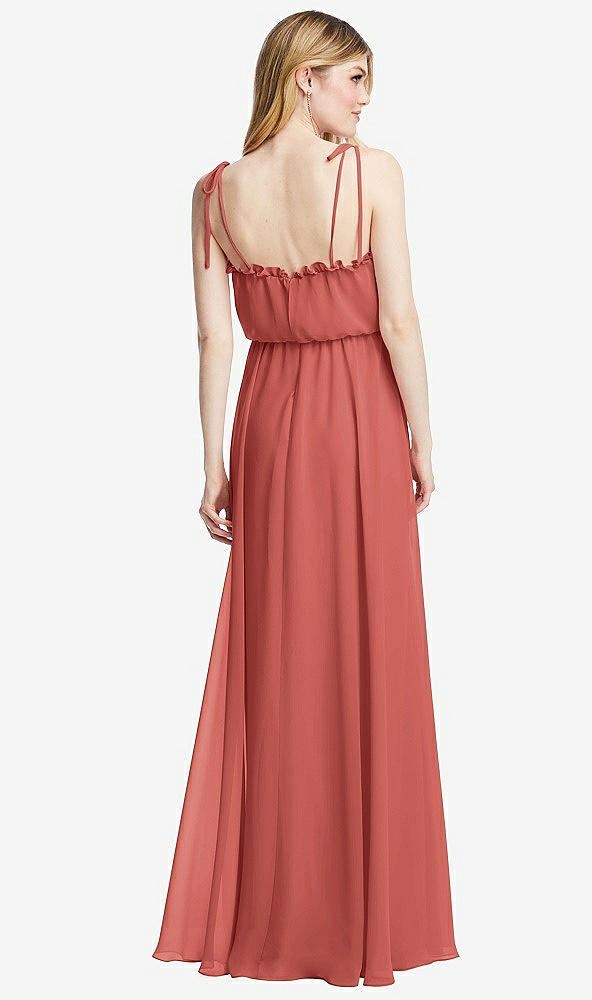 Back View - Coral Pink Skinny Tie-Shoulder Ruffle-Trimmed Blouson Maxi Dress