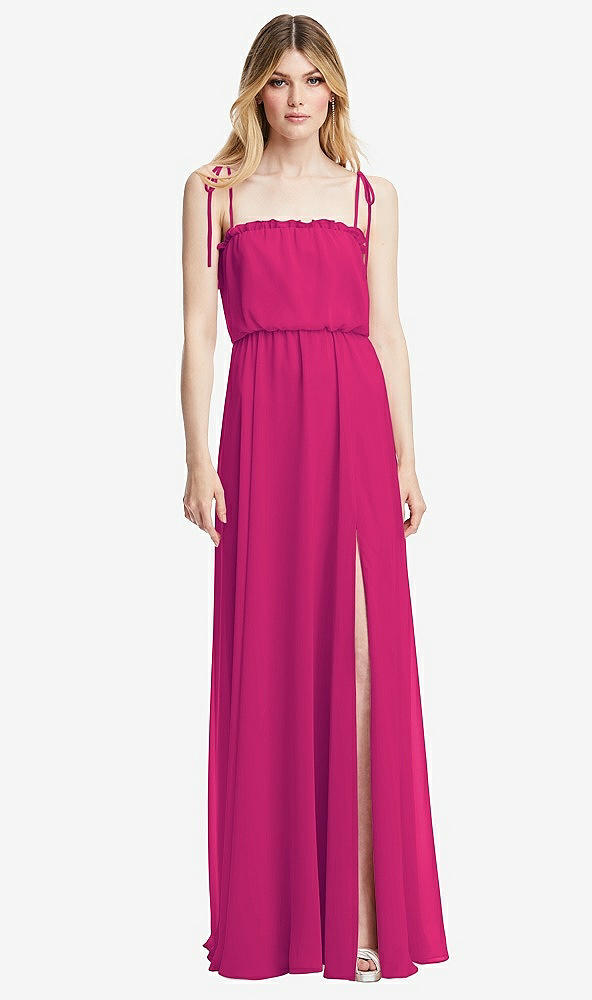 Front View - Think Pink Skinny Tie-Shoulder Ruffle-Trimmed Blouson Maxi Dress