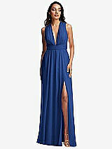 Front View Thumbnail - Classic Blue Shirred Deep Plunge Neck Closed Back Chiffon Maxi Dress 