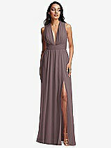 Front View Thumbnail - French Truffle Shirred Deep Plunge Neck Closed Back Chiffon Maxi Dress 