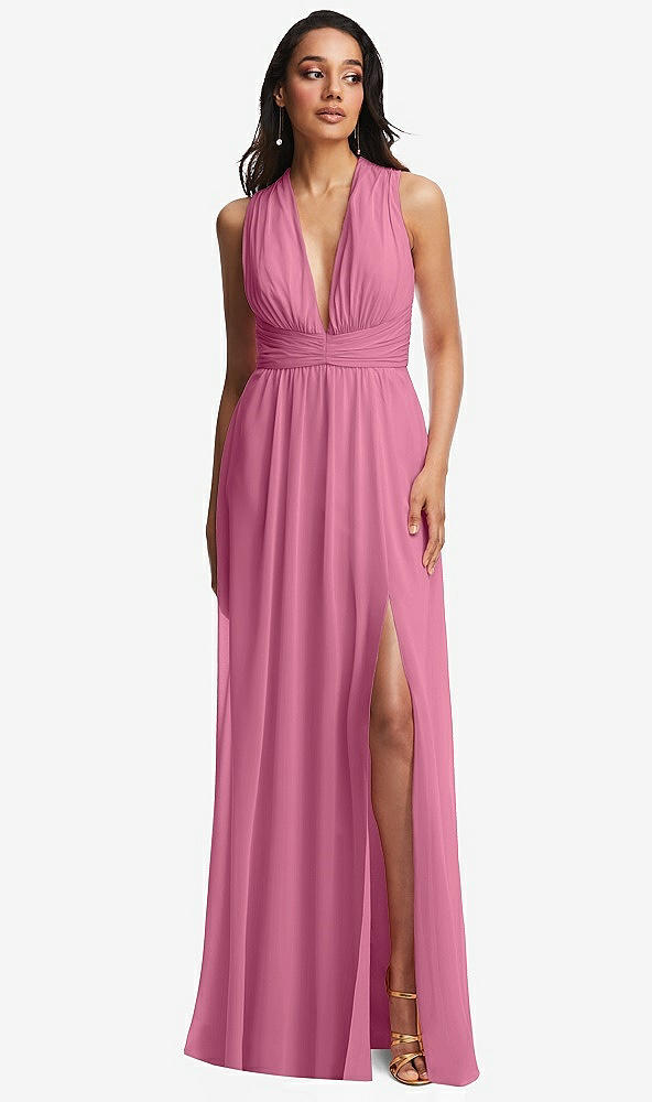 Front View - Orchid Pink Shirred Deep Plunge Neck Closed Back Chiffon Maxi Dress 