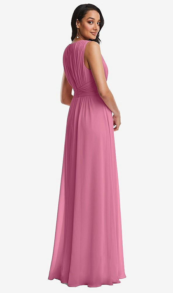 Back View - Orchid Pink Shirred Deep Plunge Neck Closed Back Chiffon Maxi Dress 