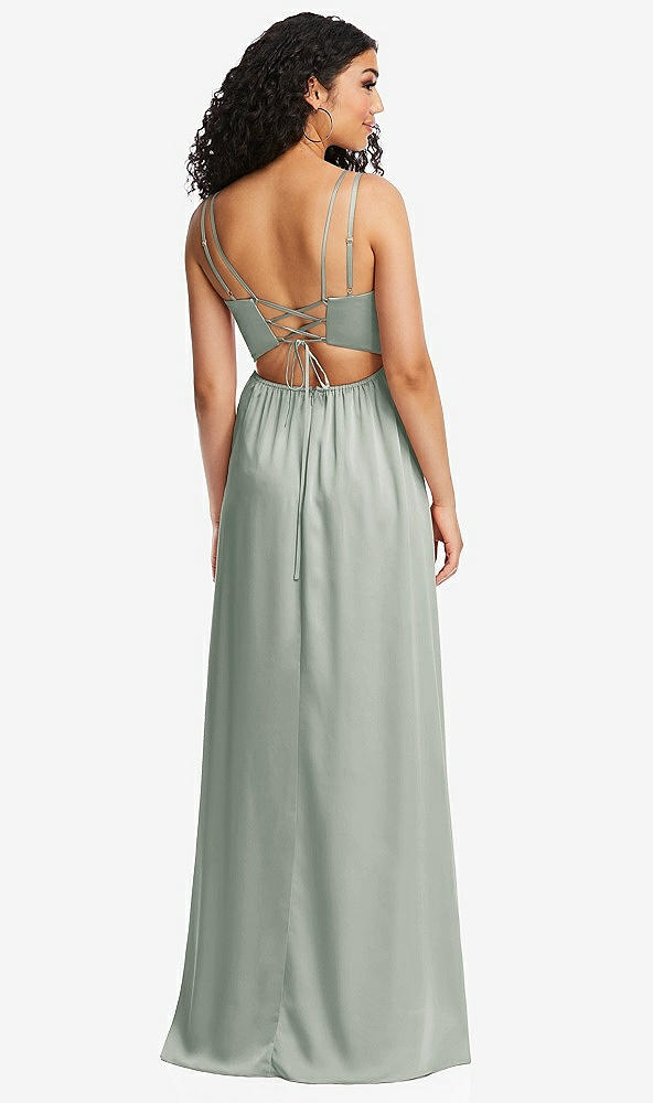 Back View - Willow Green Dual Strap V-Neck Lace-Up Open-Back Maxi Dress