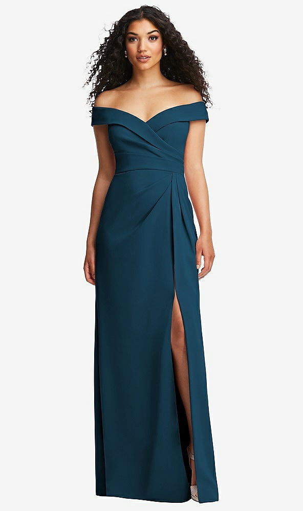 Front View - Atlantic Blue Cuffed Off-the-Shoulder Pleated Faux Wrap Maxi Dress
