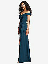 Side View Thumbnail - Atlantic Blue Cuffed Off-the-Shoulder Pleated Faux Wrap Maxi Dress