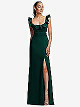 Front View Thumbnail - Evergreen Ruffle-Trimmed Neckline Cutout Tie-Back Trumpet Gown