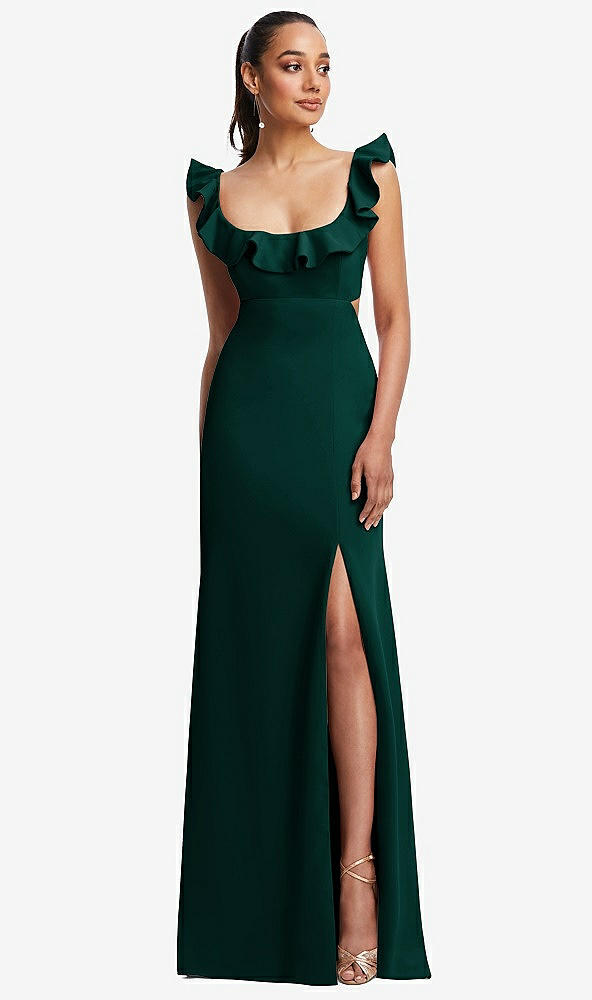 Front View - Evergreen Ruffle-Trimmed Neckline Cutout Tie-Back Trumpet Gown