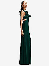 Side View Thumbnail - Evergreen Ruffle-Trimmed Neckline Cutout Tie-Back Trumpet Gown