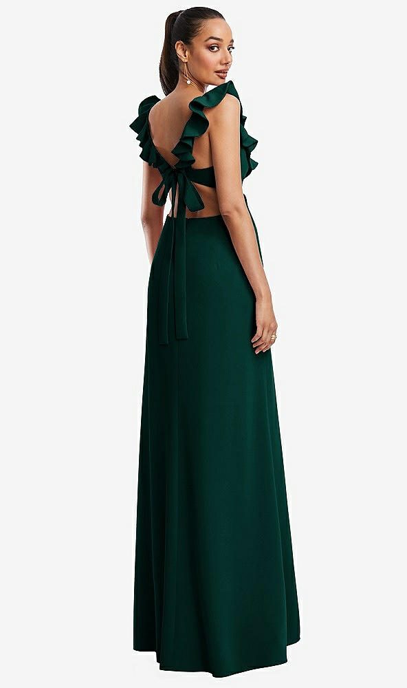 Back View - Evergreen Ruffle-Trimmed Neckline Cutout Tie-Back Trumpet Gown