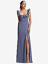 Front View Thumbnail - French Blue Ruffle-Trimmed Neckline Cutout Tie-Back Trumpet Gown
