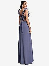 Rear View Thumbnail - French Blue Ruffle-Trimmed Neckline Cutout Tie-Back Trumpet Gown