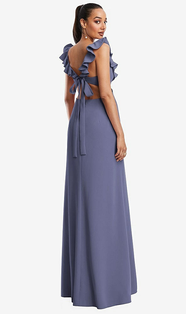 Back View - French Blue Ruffle-Trimmed Neckline Cutout Tie-Back Trumpet Gown