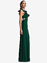 Side View Thumbnail - Hunter Green Ruffle-Trimmed Neckline Cutout Tie-Back Trumpet Gown