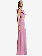 Side View Thumbnail - Powder Pink Ruffle-Trimmed Neckline Cutout Tie-Back Trumpet Gown