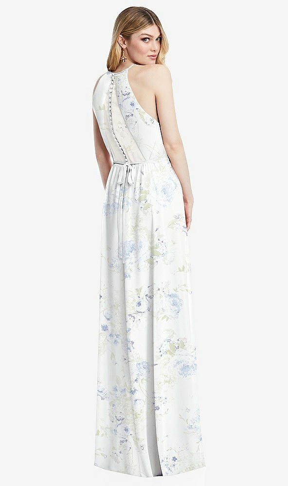 Back View - Bleu Garden Illusion Back Halter Maxi Dress with Covered Button Detail