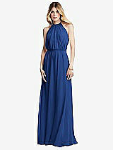 Front View Thumbnail - Classic Blue Illusion Back Halter Maxi Dress with Covered Button Detail