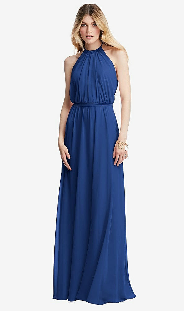 Front View - Classic Blue Illusion Back Halter Maxi Dress with Covered Button Detail