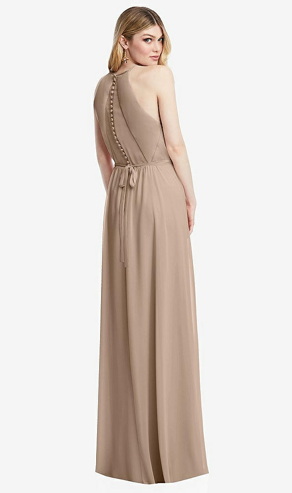 Back View - Topaz Illusion Back Halter Maxi Dress with Covered Button Detail