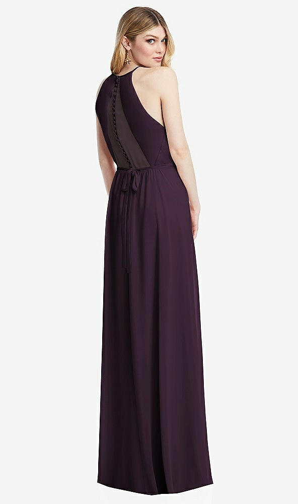 Back View - Aubergine Illusion Back Halter Maxi Dress with Covered Button Detail