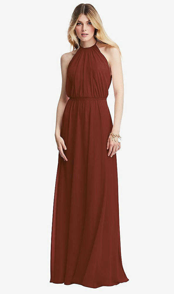 Front View - Auburn Moon Illusion Back Halter Maxi Dress with Covered Button Detail
