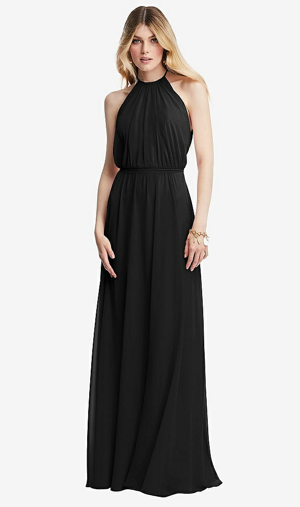 Front View - Black Illusion Back Halter Maxi Dress with Covered Button Detail