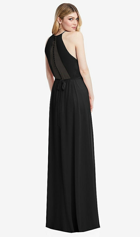 Back View - Black Illusion Back Halter Maxi Dress with Covered Button Detail