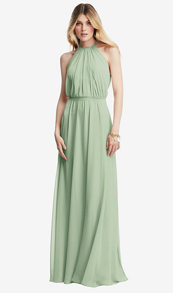 Front View - Celadon Illusion Back Halter Maxi Dress with Covered Button Detail