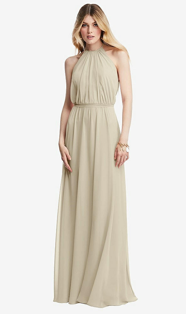 Front View - Champagne Illusion Back Halter Maxi Dress with Covered Button Detail