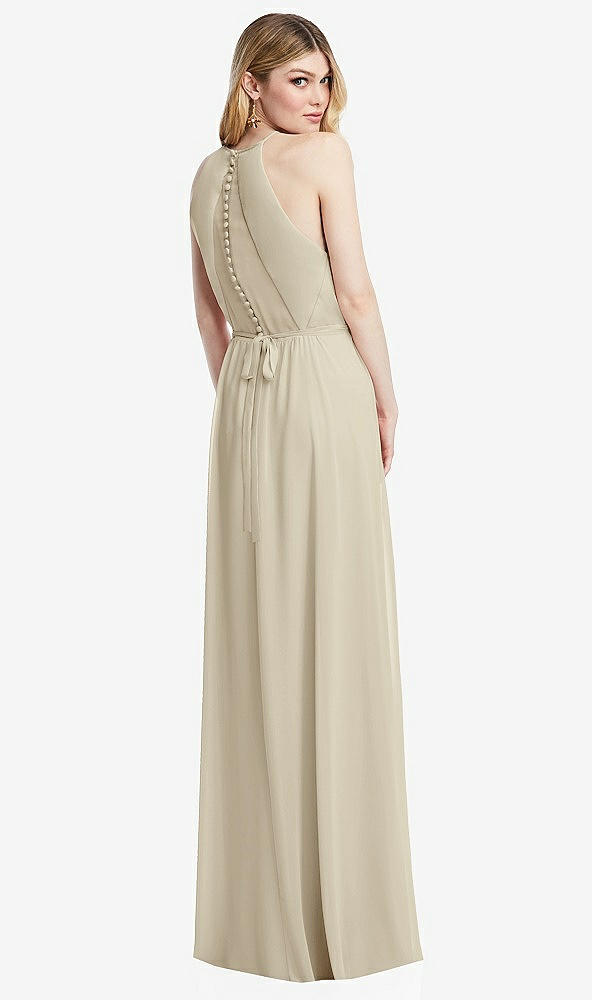 Back View - Champagne Illusion Back Halter Maxi Dress with Covered Button Detail