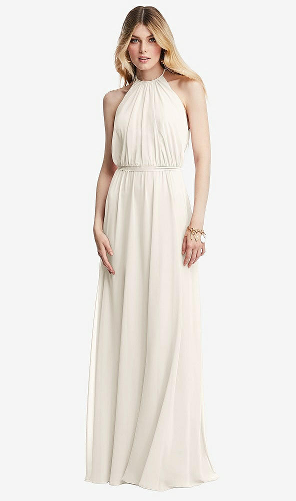 Front View - Ivory Illusion Back Halter Maxi Dress with Covered Button Detail