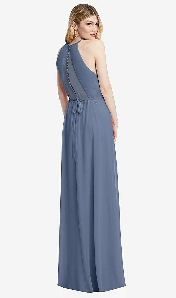 Back View - Larkspur Blue Illusion Back Halter Maxi Dress with Covered Button Detail