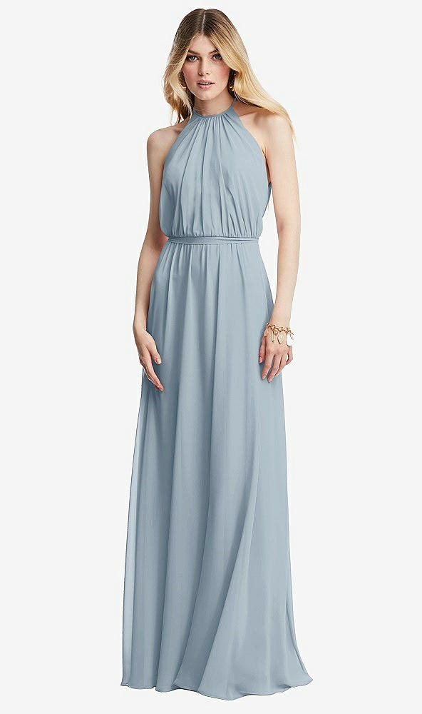 Front View - Mist Illusion Back Halter Maxi Dress with Covered Button Detail
