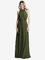 Front View Thumbnail - Olive Green Illusion Back Halter Maxi Dress with Covered Button Detail