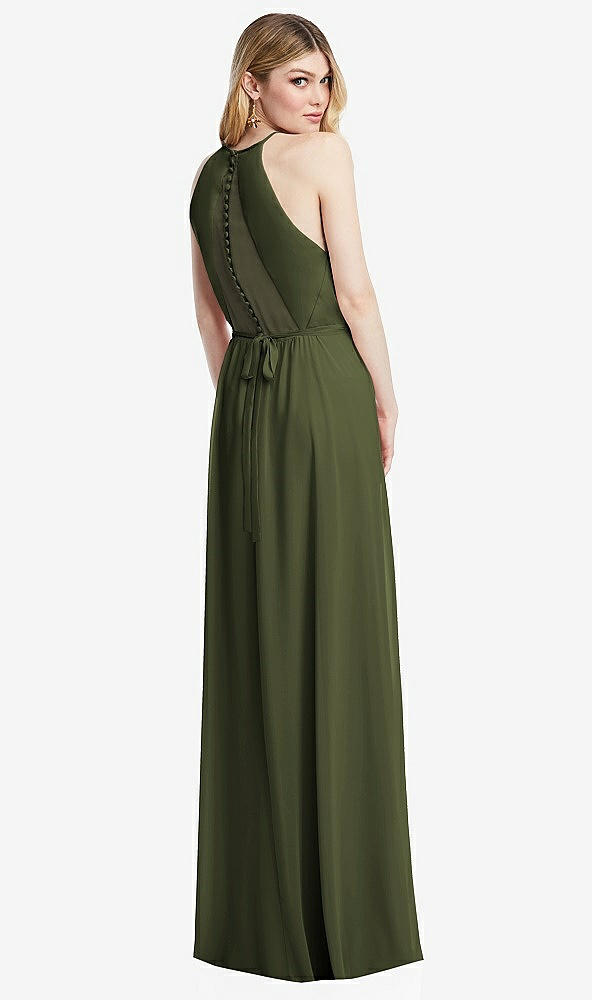 Back View - Olive Green Illusion Back Halter Maxi Dress with Covered Button Detail