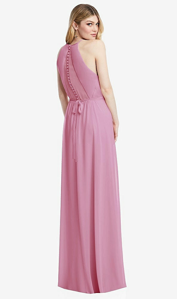 Back View - Powder Pink Illusion Back Halter Maxi Dress with Covered Button Detail