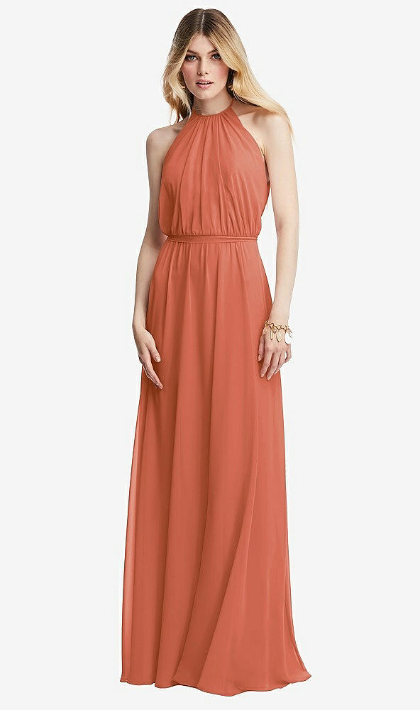 Front View - Terracotta Copper Illusion Back Halter Maxi Dress with Covered Button Detail