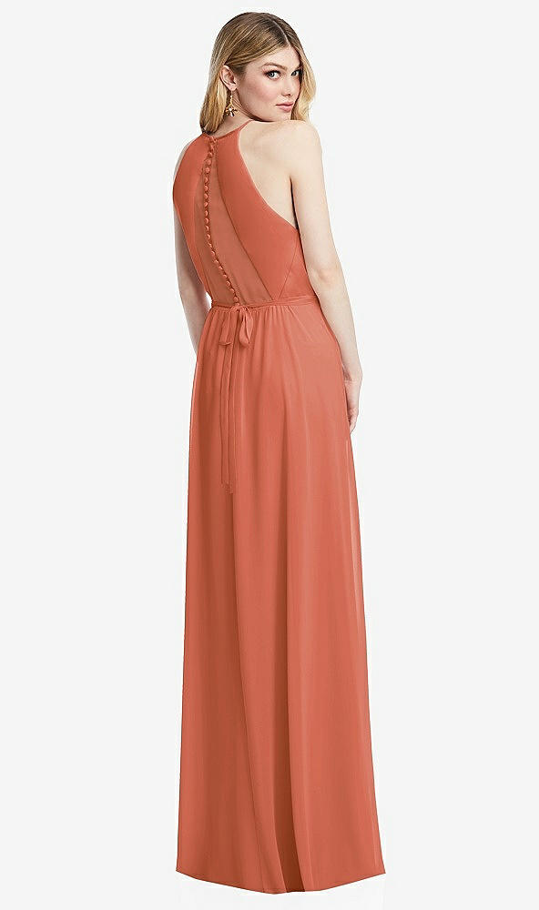 Back View - Terracotta Copper Illusion Back Halter Maxi Dress with Covered Button Detail