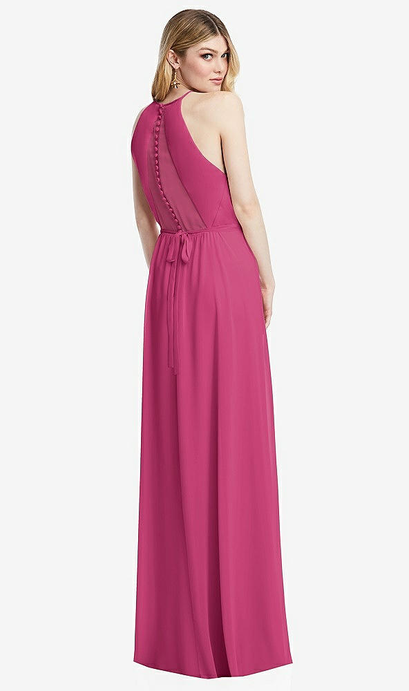 Back View - Tea Rose Illusion Back Halter Maxi Dress with Covered Button Detail