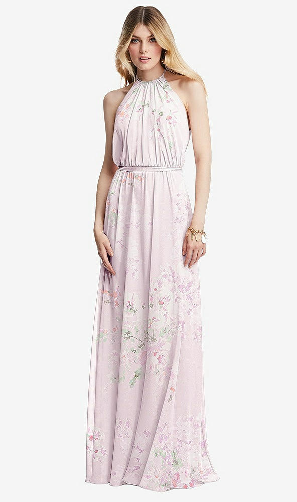 Front View - Watercolor Print Illusion Back Halter Maxi Dress with Covered Button Detail