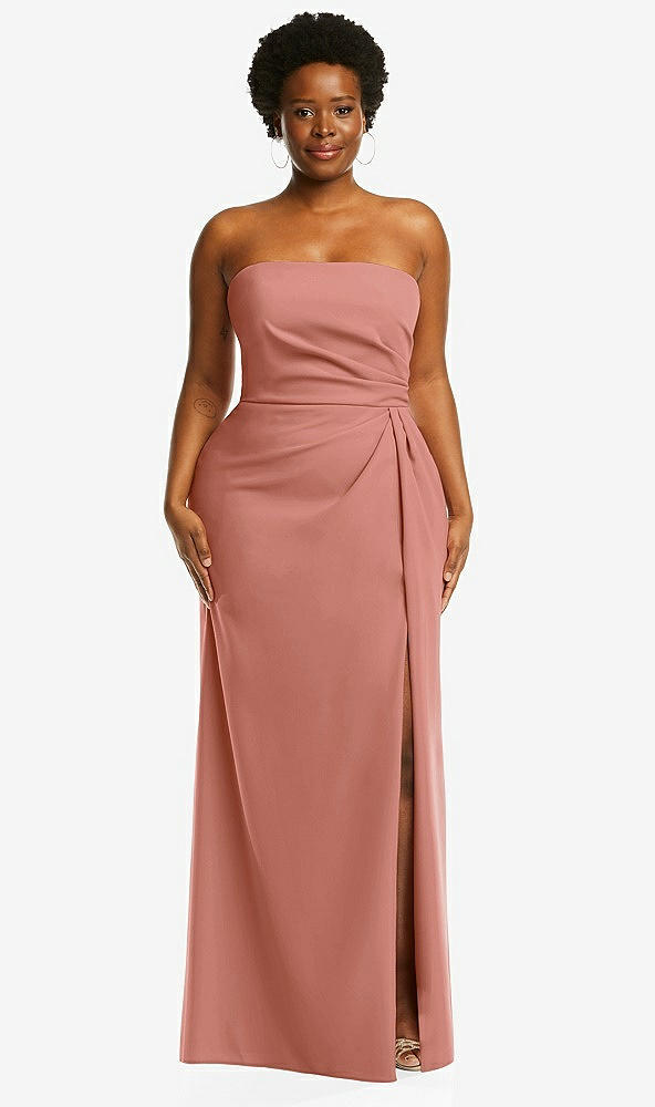 Front View - Desert Rose Strapless Pleated Faux Wrap Trumpet Gown with Front Slit