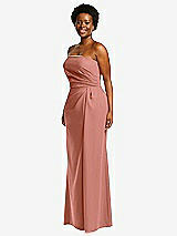 Side View Thumbnail - Desert Rose Strapless Pleated Faux Wrap Trumpet Gown with Front Slit