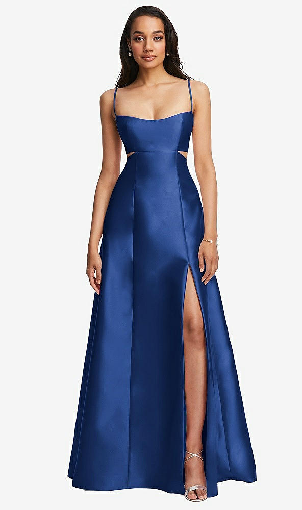 Front View - Classic Blue Open Neckline Cutout Satin Twill A-Line Gown with Pockets